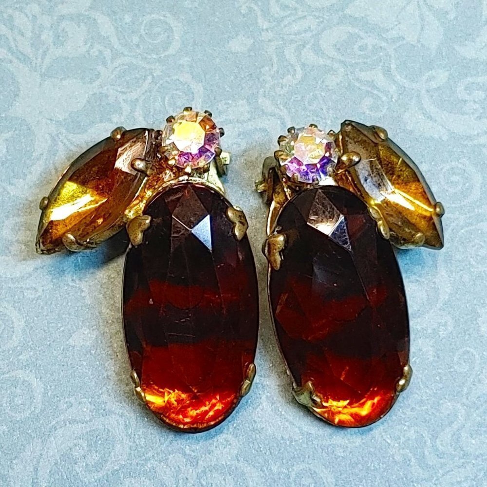 VTG Amber Topaz Glass Rhinestone Clip On Earrings Gold Tone Cocktail Statement